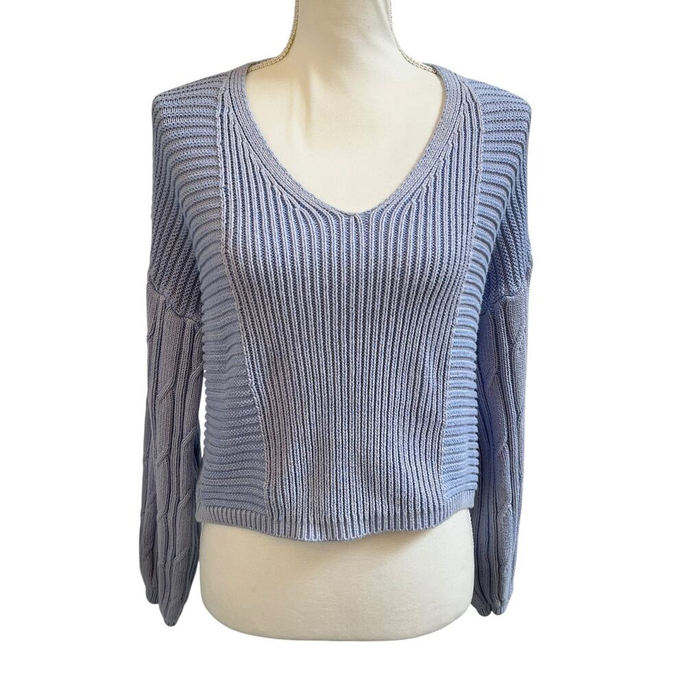 Free People Cotton Sweater Women’s M Blue Rib Knit Cropped Cable Sleeve Boho EUC